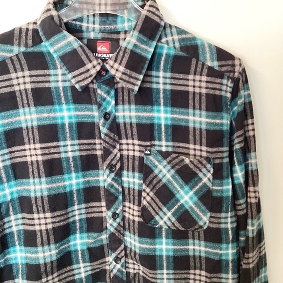 Quiksilver Long Sleeve Plaid Button Up Flannel Shirt - Black/Teal - M - Picture 2 of 6